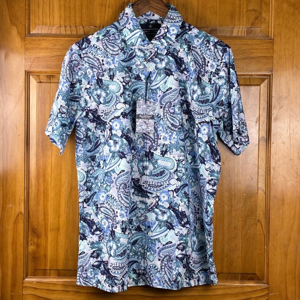 Hart Schaffner Marx Blueprint Paisley Comfort Stretch Short Sleeve Shirt Med NWT